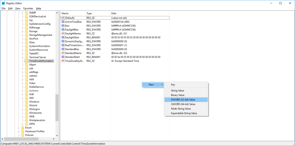 Configure Windows to support UTC clock - step 01